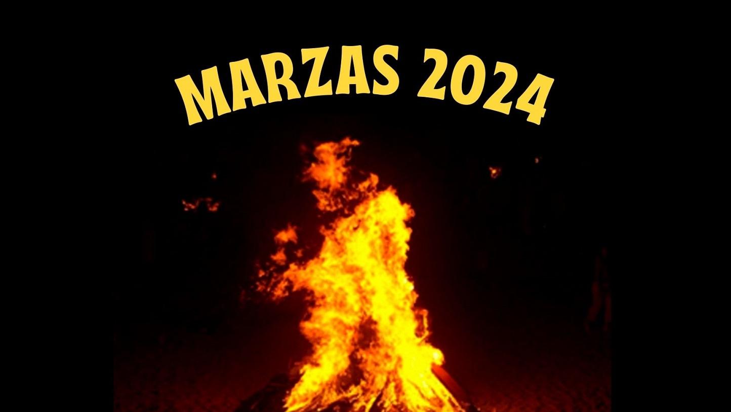 Cartel de noche de marzas con una hoguera y fondo negro